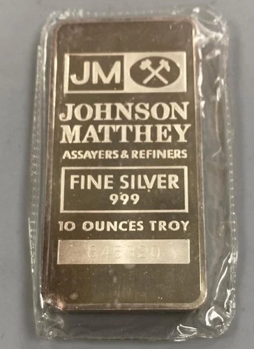 JM 10 Troy Ounces .999 Fine Silver Bar 645320 sealed in plastic L24428