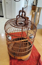 Vintage Chinese Bamboo Song Bird Hand Carved Cage w/ Porcelain Feed Bowls Ornate
