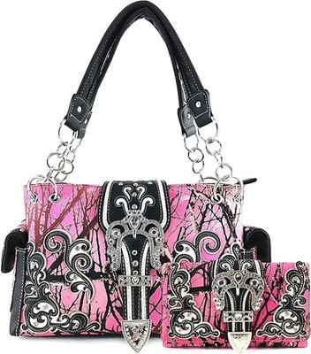 Buckle Camouflage Western Camo Women Conceal Carry Handbag Purse Wallet Set 