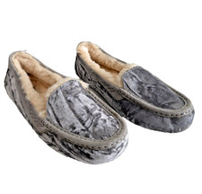 UGG Ansley Crushed Velvet Slippers Women 10 Gray Shearling Lined Moccasin