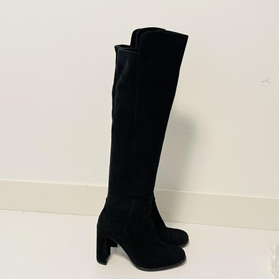 Stuart Weitzman Boots Womens 6 Black Suede Thigh High Over Knee Zip Block Heel