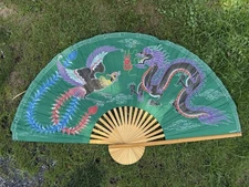 VTG Large Asian Wall Fan Wood Hand Painted Fabric Folding Sensu Dragon Bird 60”