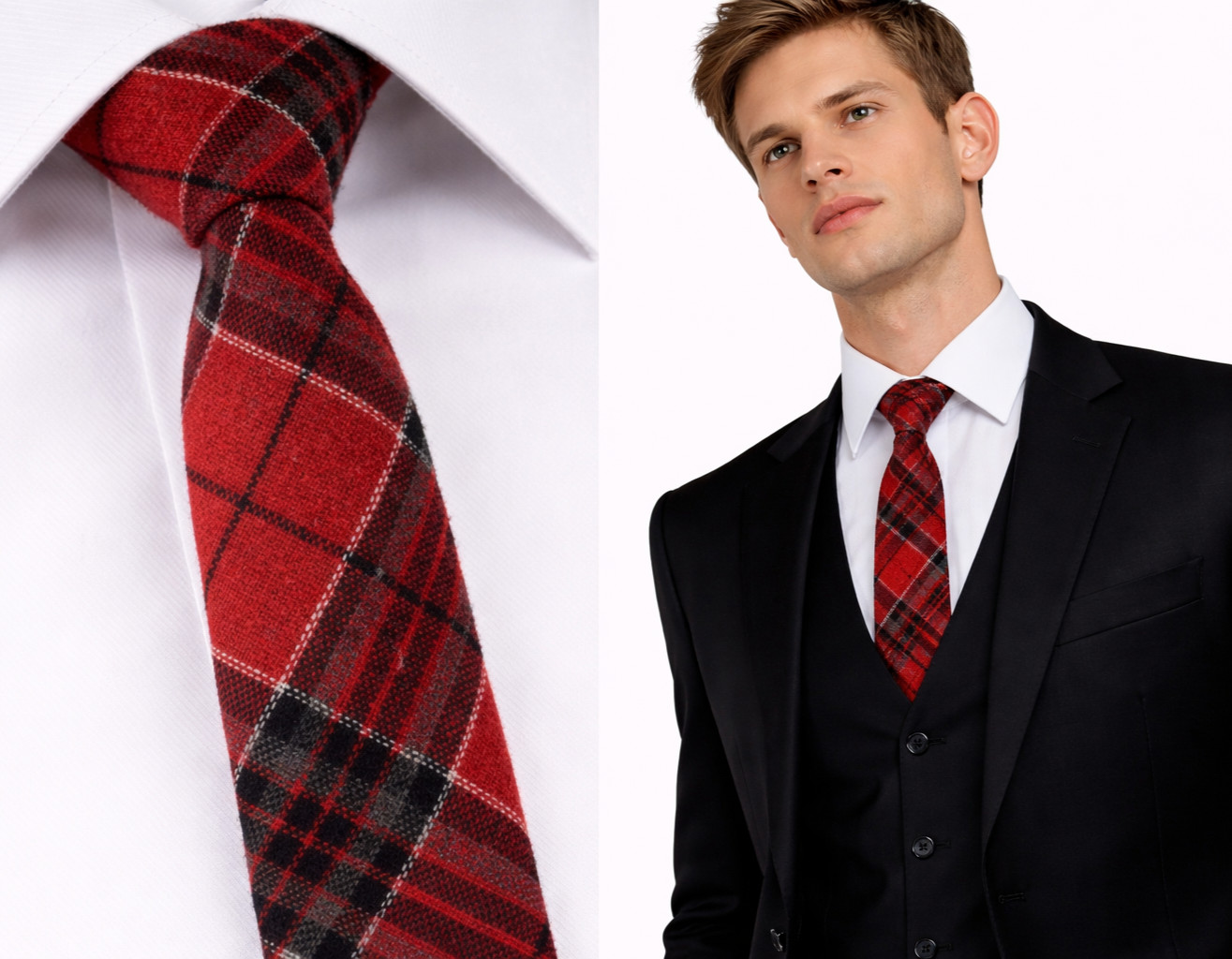 Red Plaid Men's Tie in Country Check Tweed Wool Tartan Black Skinny Slim Gift UK