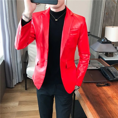 Chaqueta blazers de cuero sintético para hombre vestido negocios solapa un botón abrigos ajustados - Imagen 3 de 26
