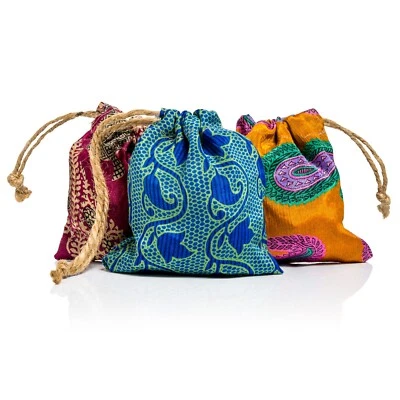 Recycled Sari gift bags, reusable gift bags, eco friendly sustainable gift wrap