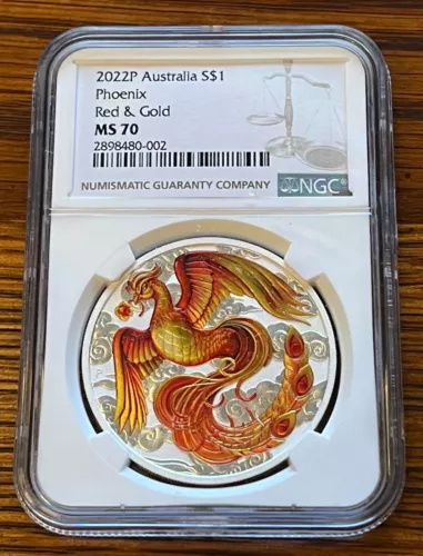 2022 Australia Phoenix Colorized Red & Gold 1 Ounce Silver 1 Dollar NGC MS70