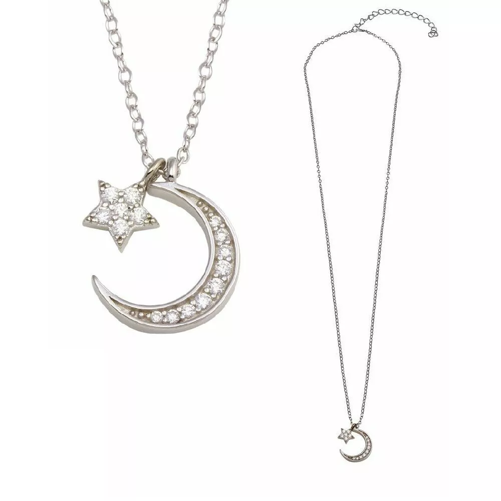 Sterling Silver Necklace w CZ Stones Crescent Moon Star Pendant