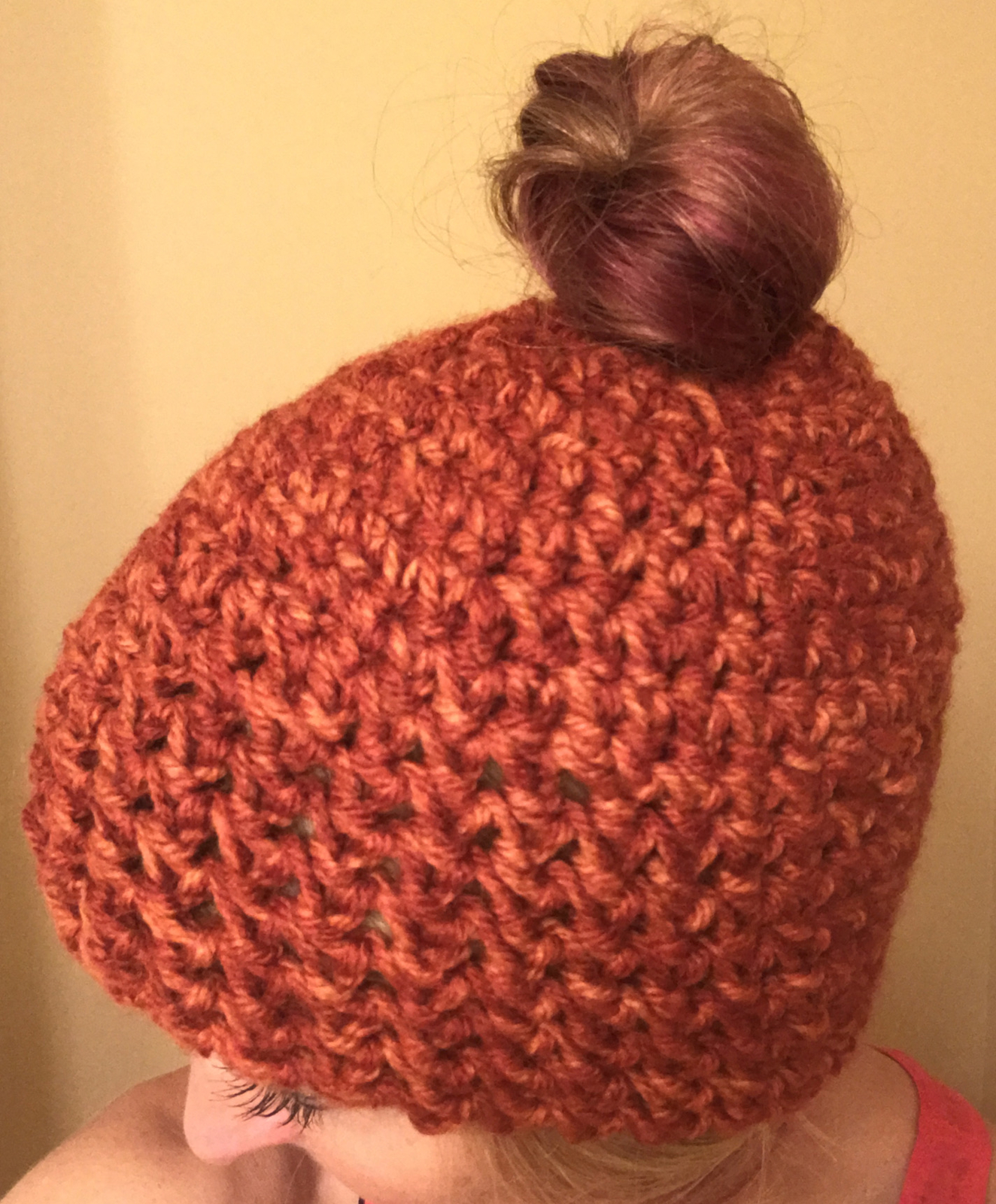 Messy Bun Pony Tail Crocheted Beanie Hat Handmade Adult size FUN! Multi Warm