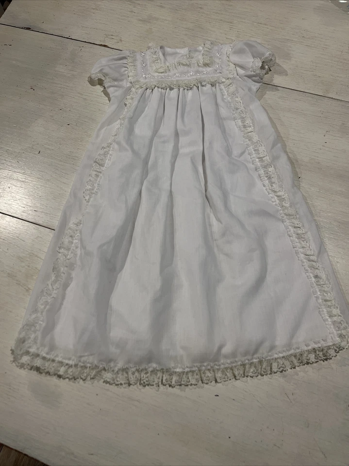 Vestido de bebé vintage 6/9 meses blanco mezcla de algodón vestido de bautizo encaje Foto 4 de 4