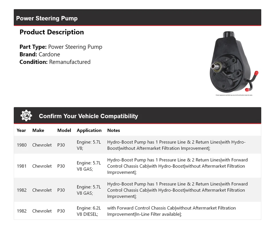 Bomba de dirección asistida Cardone 1981 para Chevrolet P30 1980-1982 Foto 2 de 4