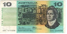 AUSTRALIA $10 Dollars VF+ Banknote (1985) P-45e Johnston-Fraser Prefix UUL