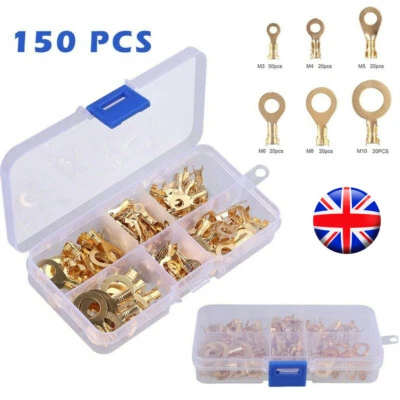 150Pcs Brass Insulated Crimp Ring Terminals Wire Connectors Spade Electrical Set