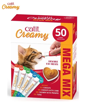 HAGEN CATIT CREAMY LICKABLE MEGA MIX CAT TREATS VARIETY BOX 50PCS CHICKEN FISH