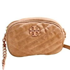 Tory Burch Kira Chevron Small Camera Bag Pink Suede Quilted Crossbody Handbag