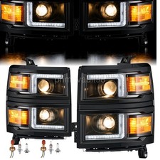 For 2014-2015 Chevy Silverado 1500 Led Drl Projector Headlights Headlamps Black