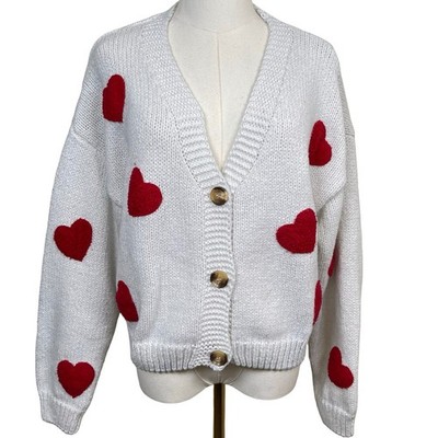 Luna Ivy Heart Print Cardigan Women L White Red Chunky Knit Valentines Novelty