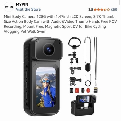 Mini Body Camera 128G with 1.47inch LCD Screen, 2.7K Thumb Size Action