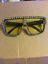 Bling Rhinestone Sunglasses black Yellow Lens  Stones/white ONE STONE MISSING 