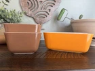 Vintage Pyrex Town & Country Refrigerator Dishes #501(2), #502, Orange & Brown