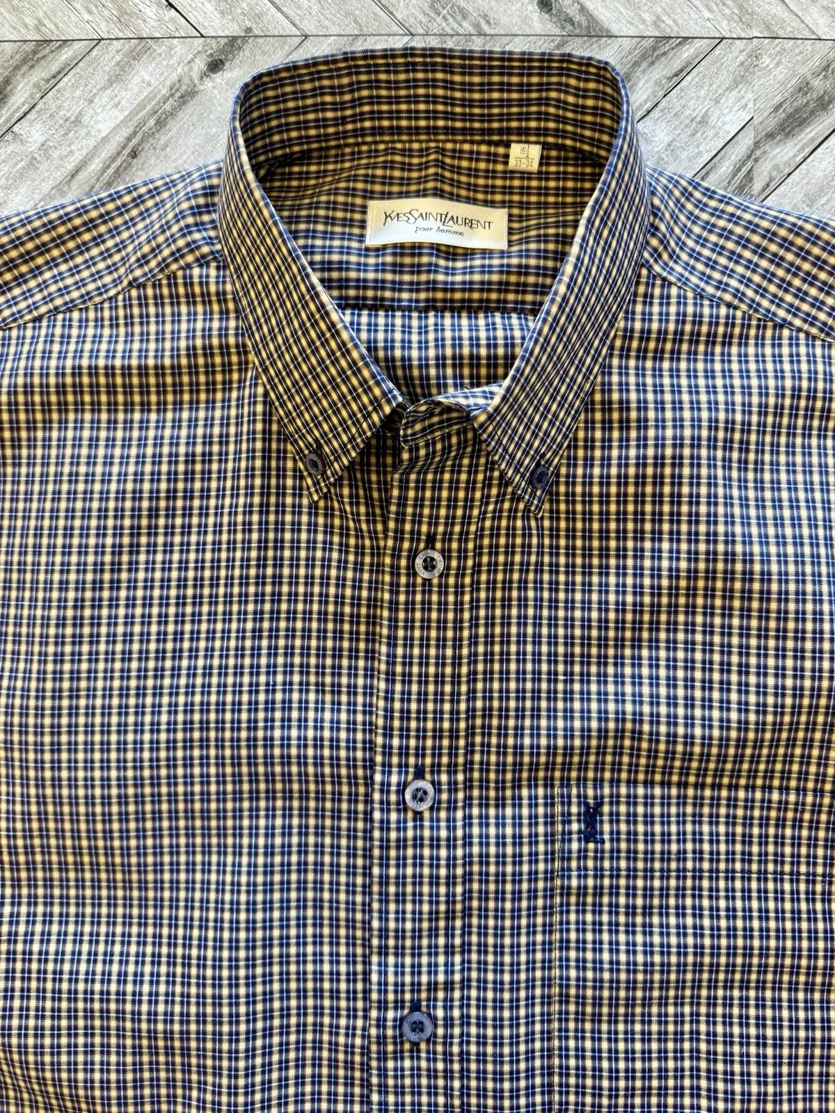 SAINT LAURENT (YSL) Camicia elegante vintage Yves Saint Laurent uomo 16 5 blu giallo quadri bottoni outdoor