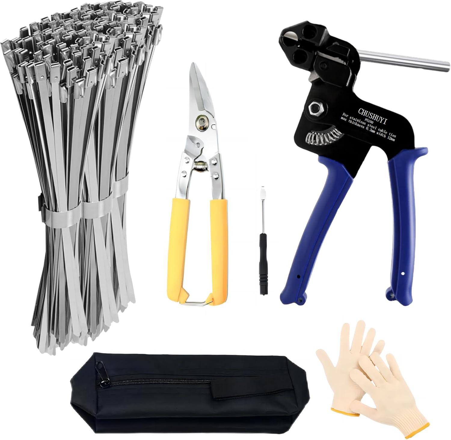 Steel Zip Tie Gun Kit Stainless Steel Cable Tie Tool with 100 Pcs Metal Zip Ties