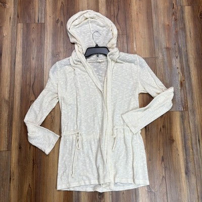 Hem & Thread Cardigan Womens Small Cream Hooded Open Front Drawstring Waist