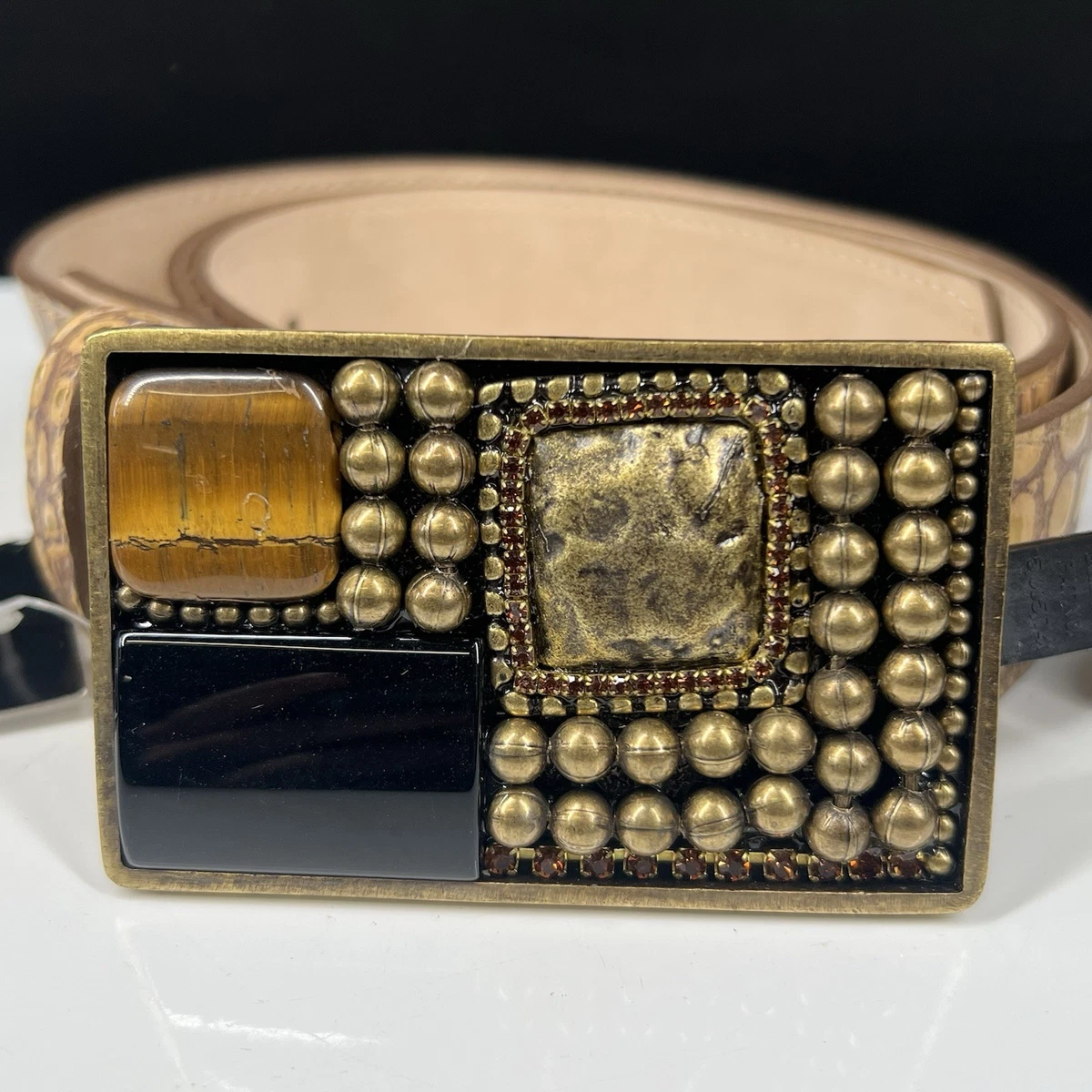 LeatheRock Belt Womens Brown Leather Studded Festival Deadstock Vintage Y2K USA 2000S JAPANESE MADE PUNK METAL STUDDED LEATHER BELT This  main image 2