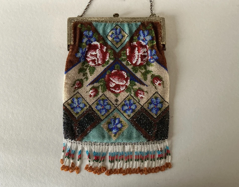 Старинный микро бисером сумка сумочка с розами и бахромой Германии 1920-х ар-деко ExC - Изображение 4 из 4