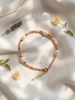 Perlenarmband Rosa Rhodonit Süßwasserperle 18k Gold Wasserfest Edelstein Schmuck - Bild 1 von 4