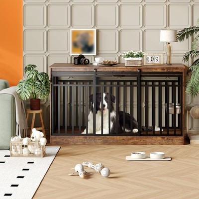 Modern Farmhouse Dog House Furniture 55'' Wood Metal Kennel Sliding Doors Brown