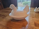 Vtg Indiana White Milk Glass Hen Sitting on Nest Covered Candy Bowl Chicken 7"