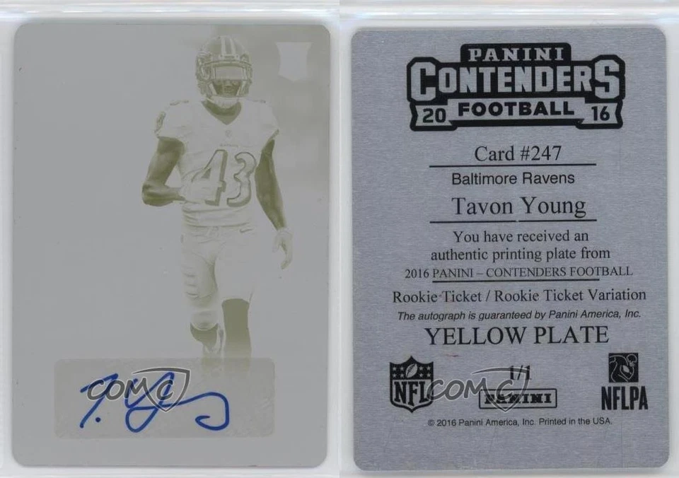 2016 Contenders Ticket Printing Plate Yellow 1/1 Tavon Young Rookie Auto RC 1cw4 - Image 3 of 3