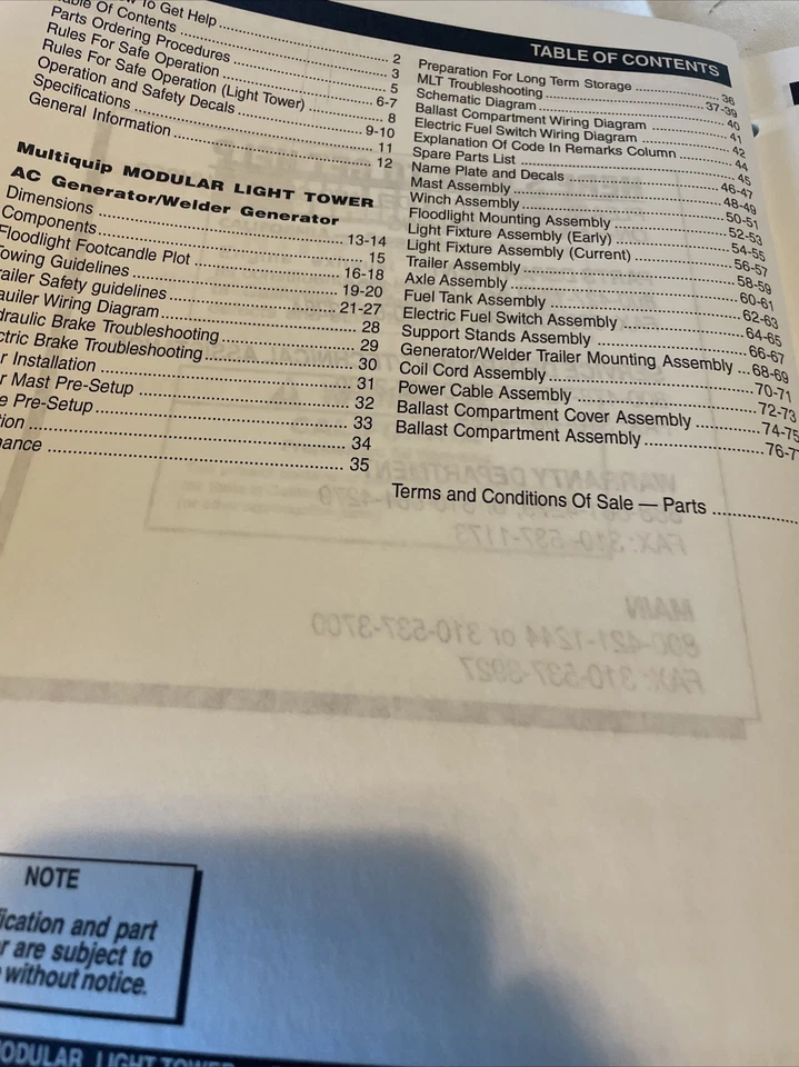 Multiquip MLT-DA7/SDW Torre de Luz DA7000SS SDW225 Manual de Peças de Instruções Livro - Imagem 2 de 4