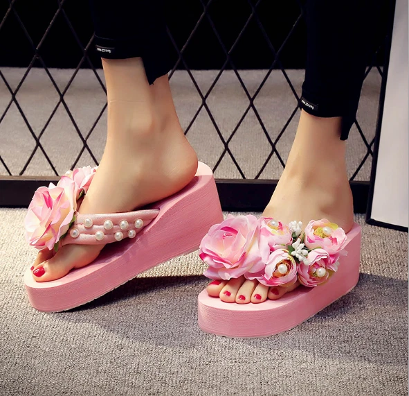 Damas Zapatillas Chanclas Playa Nuevas 3D Flor Cuña Tacón Alto Sandalias Verano Foto 2 de 4