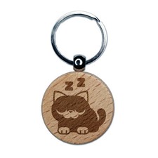 Round Cat Sleeping Engraved Wood Round Keychain Tag Charm