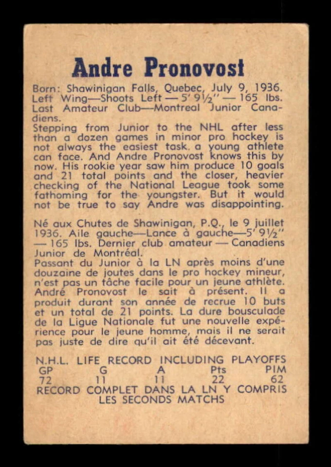 1957-58 Parkhurst #m7 Andre Pronovost VG/VGEX RC Rookie Canadiens 549684 - Image 2 of 2