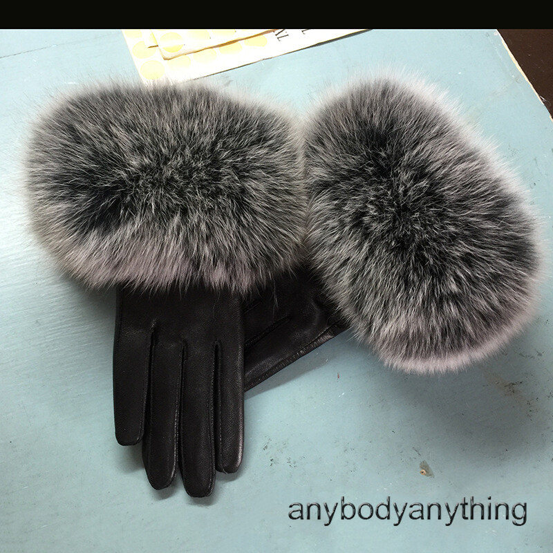 Fox Fur Trim Wool Lined Leather Gloves