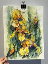 Abstract Irises  oil pastel painting. In white and yellow colors. A3 format.