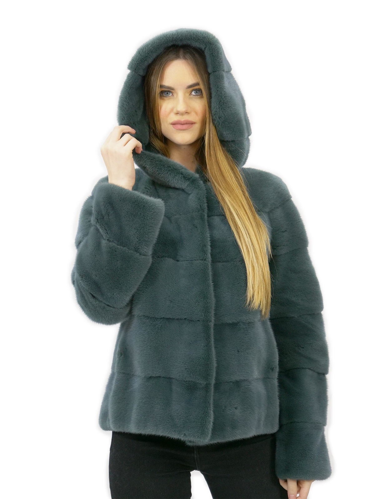 Wormwood green fur horizontal mink 46 hood lined fur long sleeve pockets