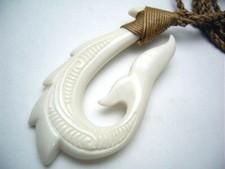 31.5MM CARVED WATER BUFFALO BONE MAORI WHALE TAIL MATAU FISH HOOK NECKLACE #1