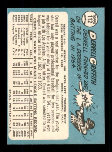 1965 Topps #112 Derrell Griffith EXMT+ RC Rookie Dodgers 538554 - Picture 2 of 2