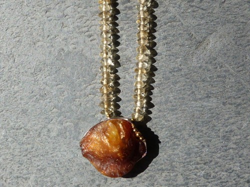 Collier/pendentif, argent, or 24 ct, nacre (coquillage naturel ) anomia,citrines - Picture 3 of 24