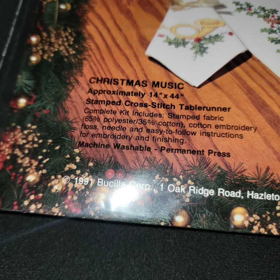 NEW Bucilla Christmas Music Table Runner 82981 Violin Holly Kit Grannycore 14x44 - Image 2 of 3