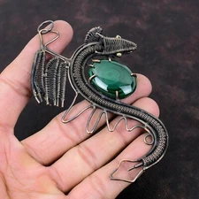 Malachite Gemstone Jewelry Copper Gift For Mum Wire Wrapped Dragon Pendant 4.45"