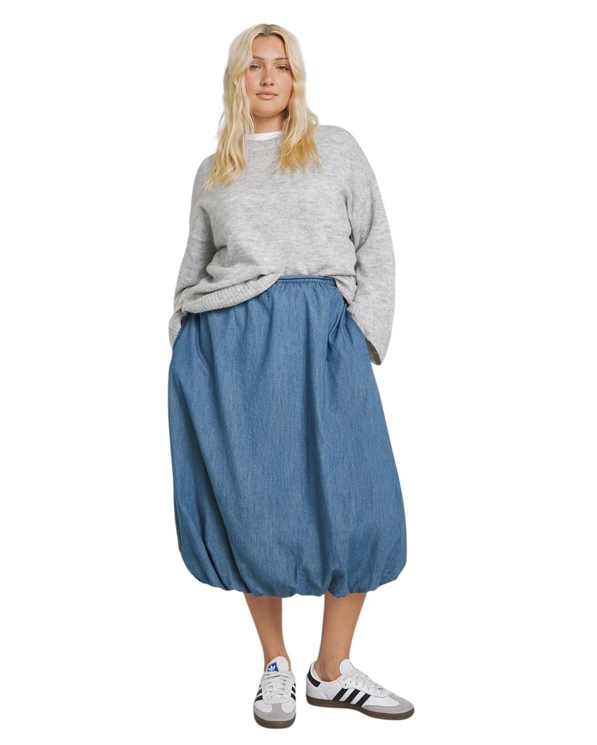 Denim Midi Skirt Puff Bubble Hem Elasticated Waist Plus Size Women's Size UK 18