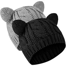 Cat Ear Beanie Hats Cute Cat Knitted Hat Winter Knit Cable 2 Black, Light Gray