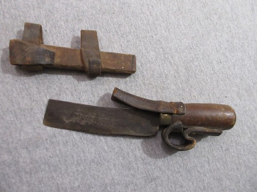 primitive unmarked fixed blade knife & wood & leather sheath lot O