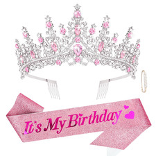 Birthday Sash and Crown for Women Pink Birthday Crown Tiara Adult Women Princess