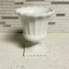 Vintage Milk Glass Compote Vase Planter Paneled Pedestal Scalloped Rim