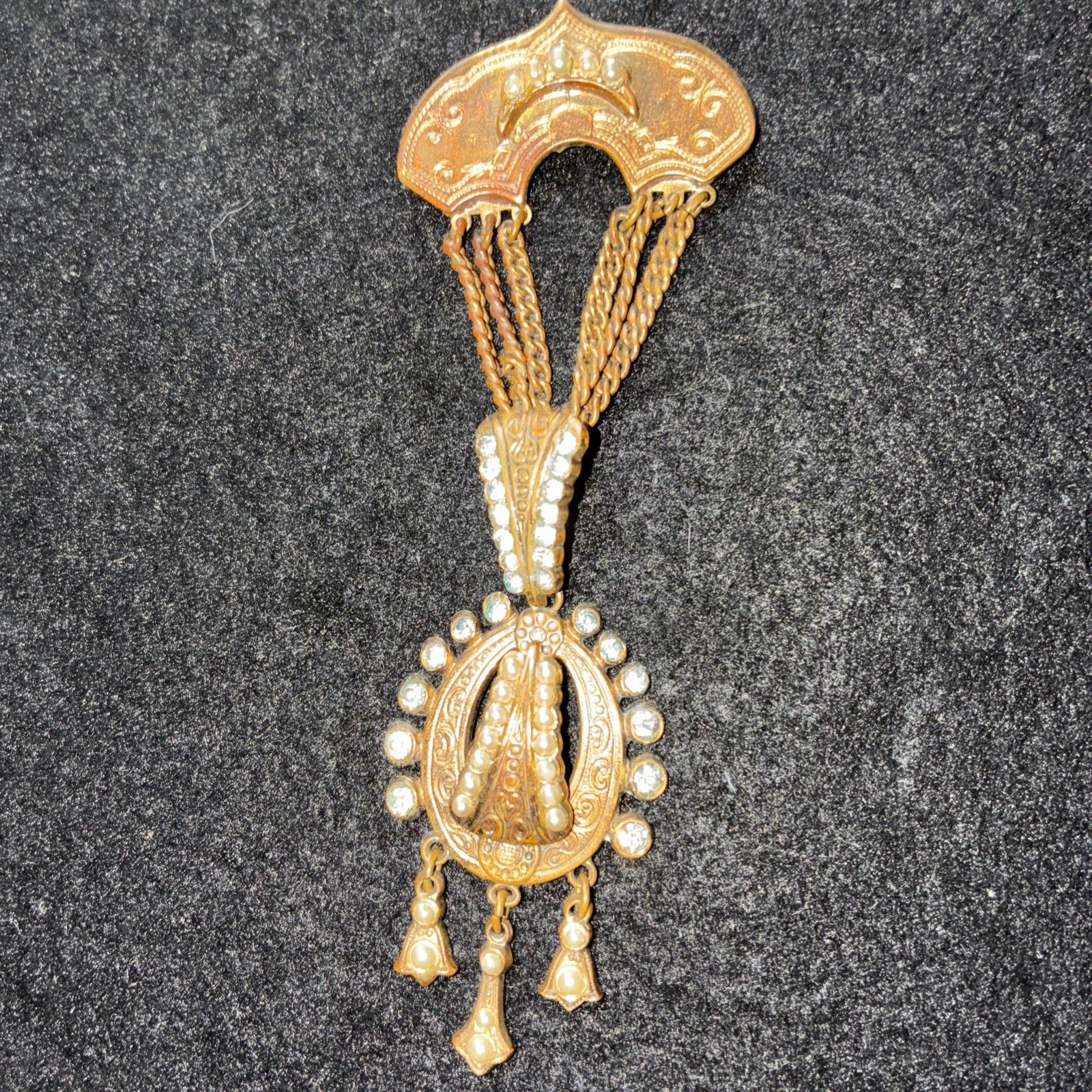 Vintage Victorian Revival Festoon Brooch Pendant Pearl Paste Brass Necklace